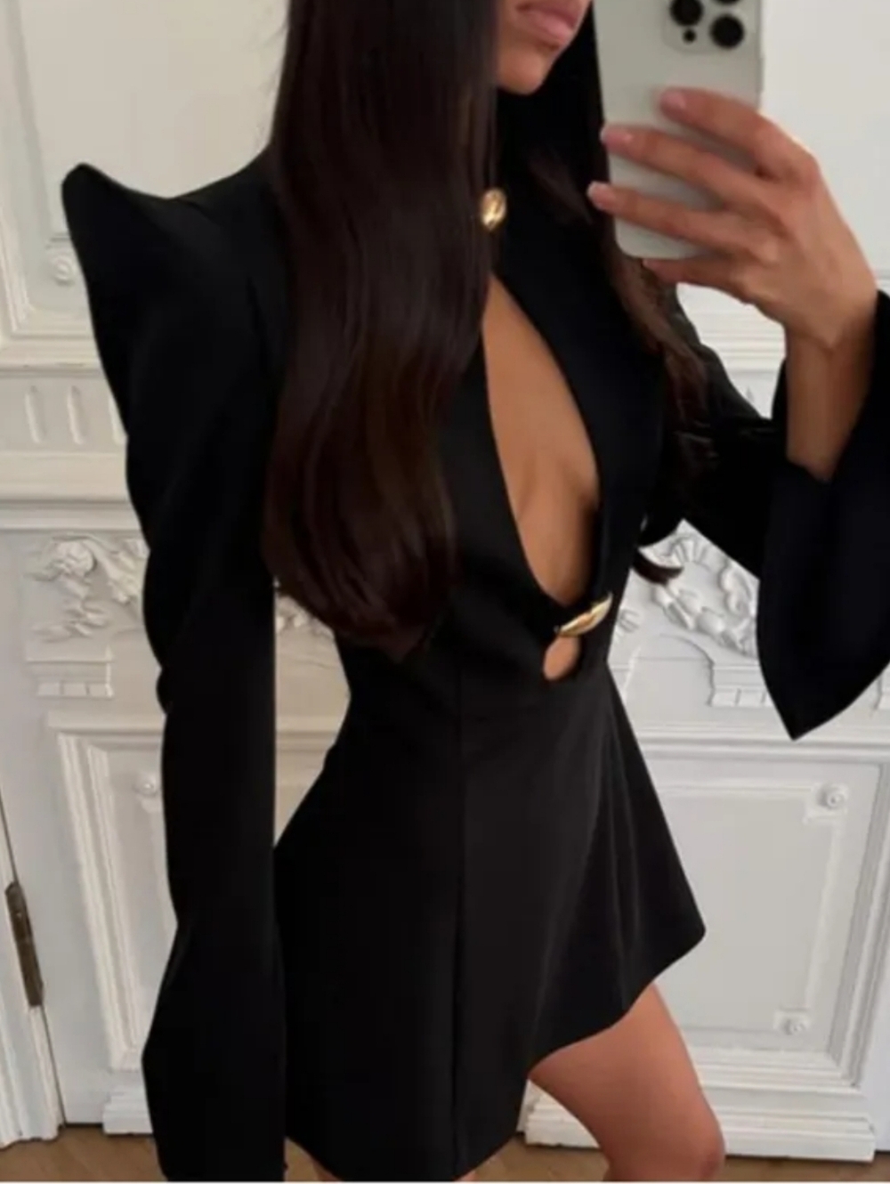 Black Cutout Long-Sleeve Mini Dress with Gold Accents - Picture 3 of 3